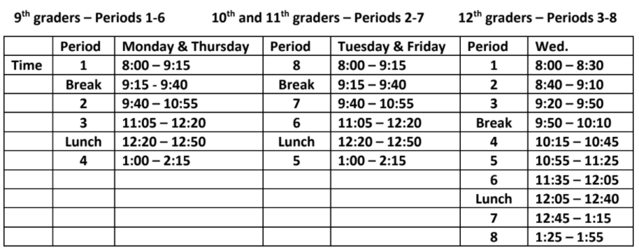 daily period timing and schedule for paraclete high school grades 9-12